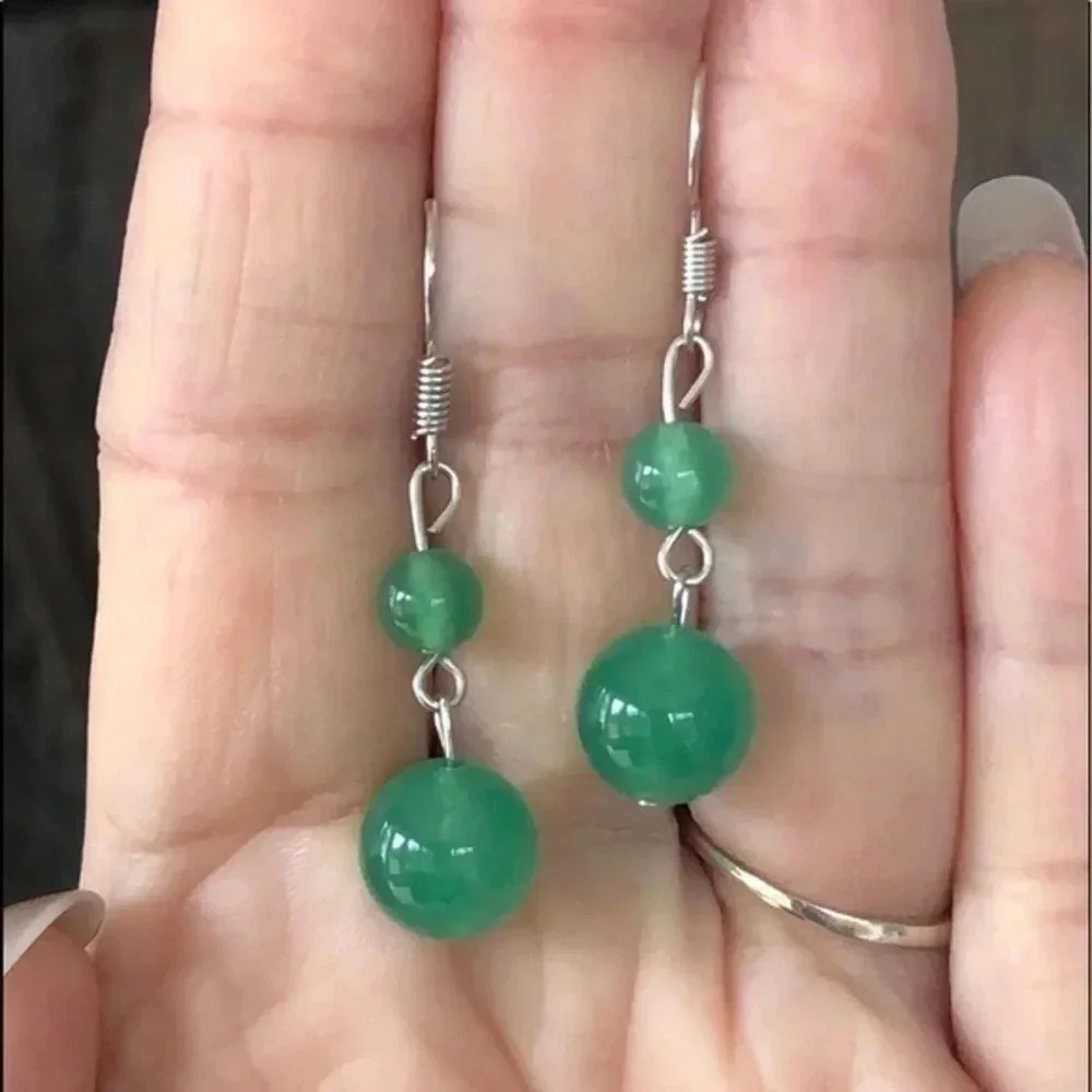 Adventurine Green 10mm & 6mm Double Bead Silver Drop Earrings NWT
